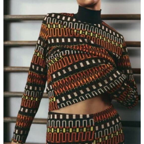 Zara Jacquard Geo Stripe Mock Neck Top Large Black Orange Retro 70s Long Sleeve - Picture 2 of 11